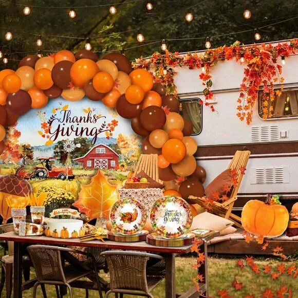 Elegant 252-Piece Thanksgiving Party Decorations Kit with Dinnerware & Balloons